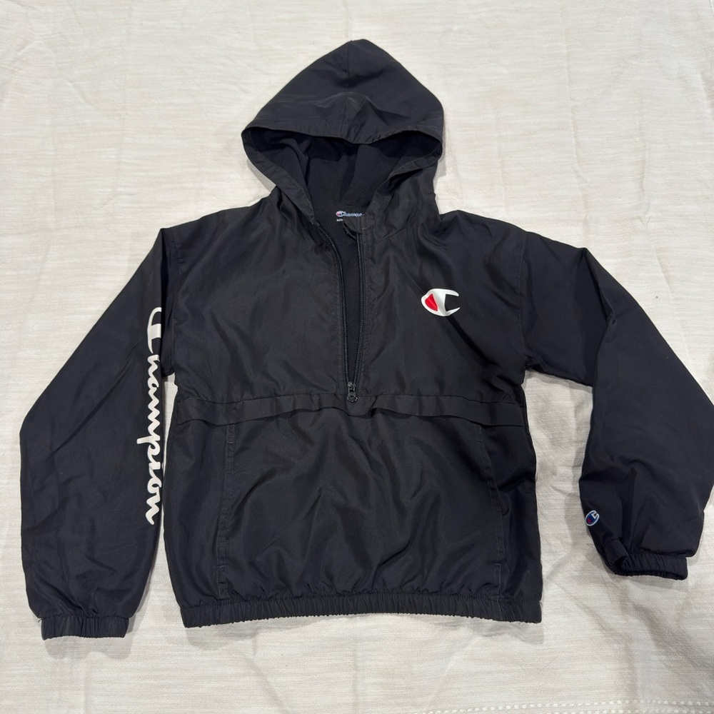 Champion Boys Windbreaker Jacket Black Half Zip Pullover Hooded Script Logo Kids
